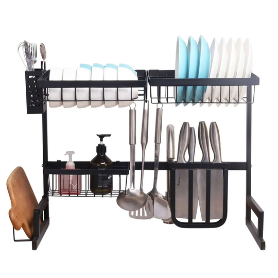 Neo Direct Over Sink Kitchen Shelf Organiser 65cm, Dish Drainer, Drying Rack & Utensils Holder - Black