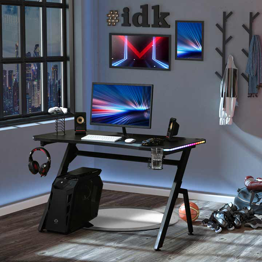 HOMCOM Ergonomic Gaming Desk with Hook Cup Holder LED And Cable Management Black