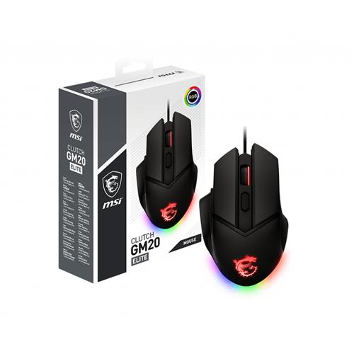 MSI CLUTCH GM20 ELITE Optical Gaming Mouse '6400 DPI Optical Sensor 6 Programmable button Dual-Zone RGB Ergonomic design OMRON Switch with 20+ Million Clicks Weight Adjustable Red LED'