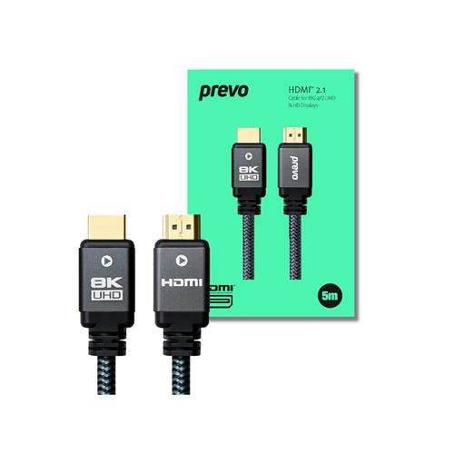 Prevo HDMI-2.1-5M HDMI Cable HDMI 2.1 (M) to HDMI 2.1 (M) 5m Black & Grey Supports Displays up to 8K@60Hz 99.9% Oxygen-Free Copper with Gold-Plated Connectors Superior Design & Performance Retail Box Packaging
