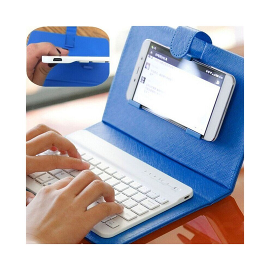 Qwert Mini Wireless Bluetooth Keyboard with Leather Case Stand Smart Phone Chargable Keyboard