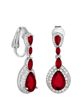 Jon Richard Rhodium Plated Double Pave Halo Ruby Cubic Zirconia Peardrop Earrings