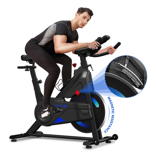 (Blue) Dripex Magnetic Resistance Indoor Exercise Bike (2022 Upgraded New Version), Super-Silent, Capacity 300 LBS, LCD Monitor, Pulse Sensor, Bottle