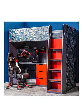 X Rocker Hideout - Gaming High Sleeper Bed with Desk, Wardrobe and Drawers - Red, Red