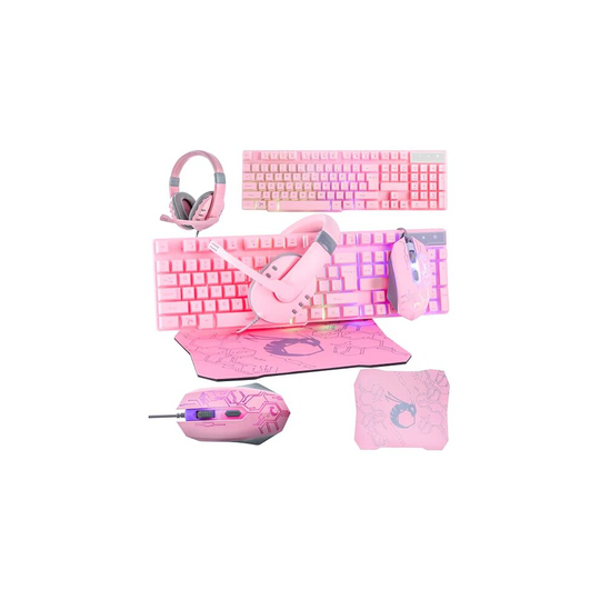Pink Gaming Keyboard and Mouse Headset Headphones and Mouse pad Wired LED RGB Backlight Bundle Pink PC Accessories for Gamers and Xbox and PS4 PS