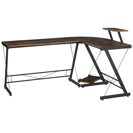 HOMCOM Industrial L Shaped Desk Round Corner Workstation For Home Office Rustic Wood Finish