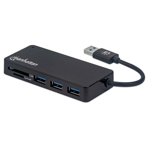 Manhattan USB-A 3-Port Hub with Card Reader 3x USB-A ports 5 Gbps (USB 3.2 Gen1 aka USB 3.0) SD MicroSD MMC and Memory Stick; Bus Power SuperSpeed USB Black Three Year Warranty Box