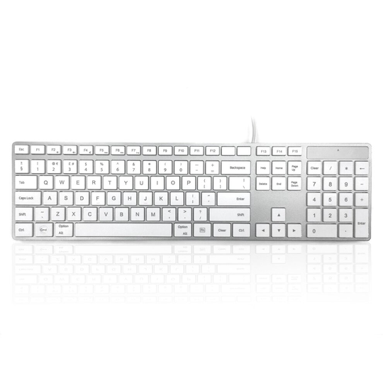 (Mac UK) Accuratus 301 MAC USB Type C - USB Type C Wired Full Size Apple Mac Multimedia Keyboard with White Square Tactile Keys and Silver Case