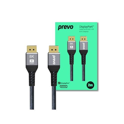 Prevo DP14-2M DisplayPort Cable DisplayPort 1.4 (M) to DisplayPort 1.4 (M) 2m Black & Grey Supports Displays up to 8K@60Hz Robust Braided Cable Gold-Plated Connectors Superior Design & Performance Retail Box Packaging