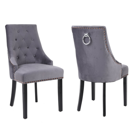 2x Dark Grey Studded Velvet Dining Chair with Ring Knocker Detail