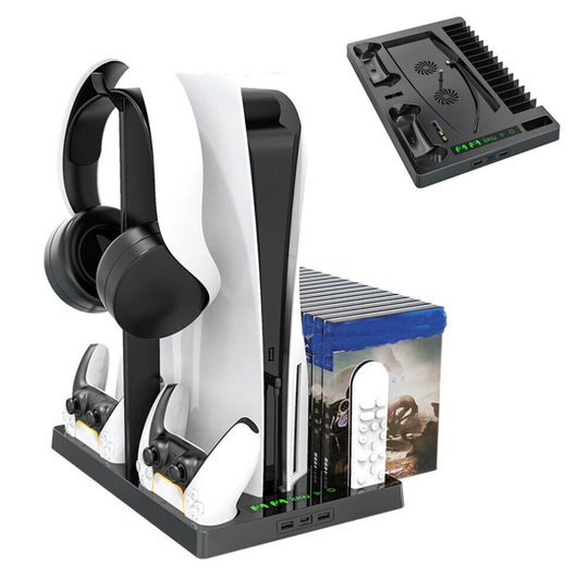 PS5 Console Stand Accessories with Cooling Fan and PS5 Controller Charging Dock,With 15 Pcs Game Discs Storage,Black