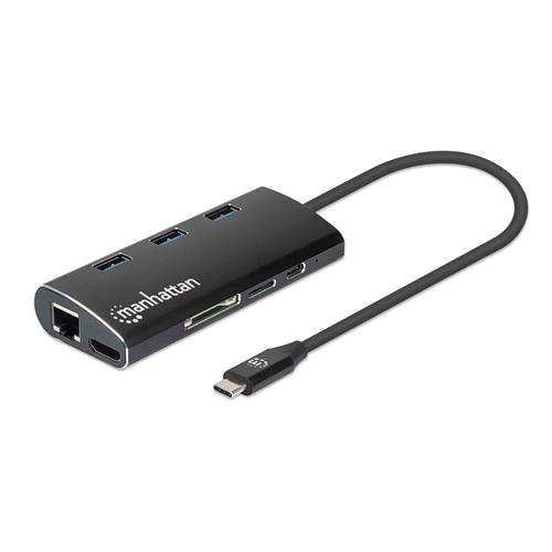 Manhattan USB-C Dock/Hub with Card Reader Ports (x6): Ethernet HDMI USB-A (x3) and USB-C With Power Delivery to USB-C Port (100W) Equivalent to Startech DKT30CSDHPD3 Cable 30cm Aluminium Black Three Year Warranty Retail Box