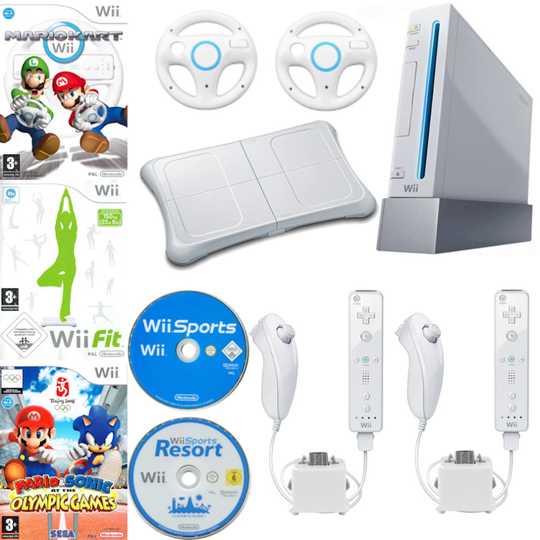 Nintendo Wii Console Mario Kart Sonic Sports Resort 2 Remotes Motionplus 2 Nunchuks Fit Balance Board