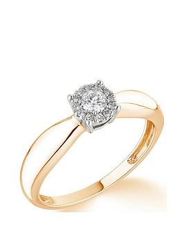 Love DIAMOND 9ct White Gold 0.20ct Diamond Halo Solitaire Engagement Ring, Yellow Gold, Size J, Women