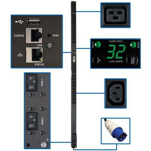 Tripp Lite PDUMNV32HV2LX 7.7kW Single-Phase Monitored PDU LX Interface 200-240V Outlets (36 C13/6 C19) IEC 309 32A Blue 10 ft. (3.05 m) Cord 0U 1.8m/70 in. Height TAA