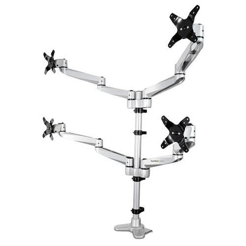 StarTech.com Desk Mount Quad Monitor Arm Premium Articulating VESA 4 Monitor Mount 2x2 up to 27" Ergonomic Height Adjustable Pole Mount - Tilt/Swivel/Rotate - C-Clamp/Grommet - Silver