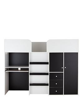 Miami Fresh Mid Sleeper With 3 Drawers 2 Cupboards &Amp; Pull Out Desk And Mattress Options - Black - Bed Frame With Premium Mattress