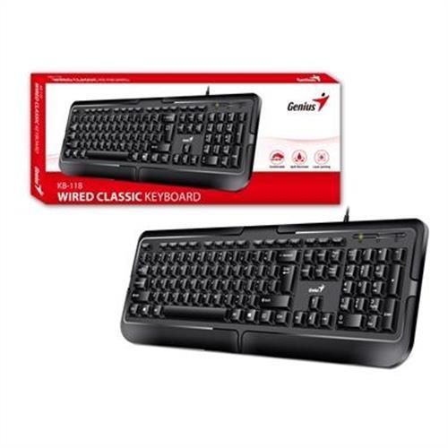 Genius KB-118 Wired Keyboard USB Plug and Play Spill resistant Full Size UK Layout with Low Profile Keys Design for Home or Office Black
