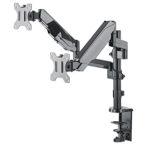 Manhattan TV & Monitor Mount Desk Full Motion (Gas Spring) 2 screens Screen Sizes: 10-27" Black Clamp or Grommet Assembly Dual Screen VESA 75x75 to 100x100mm Max 8kg (each) Lifetime Warranty