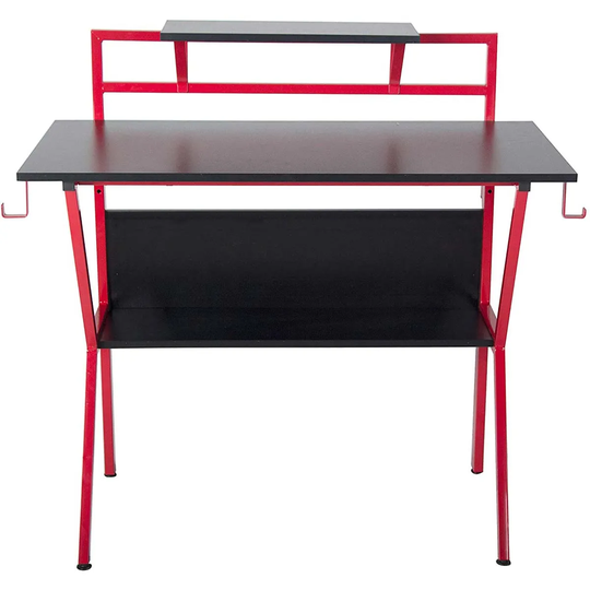 Neo Direct Red Neo Ergonomic 2 Tier Gaming Desk with Headphone Hook Monitor Stand & Shelf