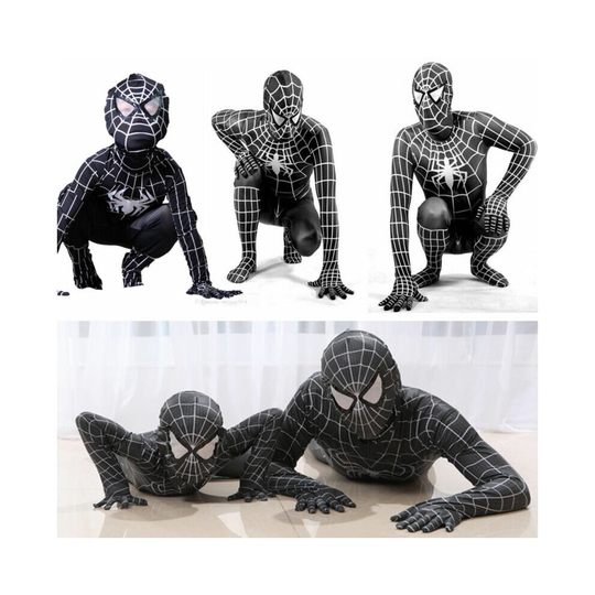 (Black, For Height 140-150cm) Spiderman Superhero Cosplay Costume Kids Adult Fancy Dress Jumpsuit Outfit