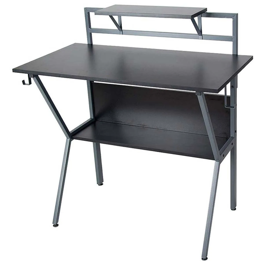 Neo Direct Grey Neo Ergonomic 2 Tier Gaming Desk with Headphone Hook Monitor Stand & Shelf