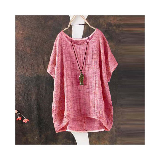 (18, Pink) Womens Summer Short Sleeve Casual Loose Tops Ladies T-shirt Linen Blouse Plus Size Boho Plain Tee Shirts