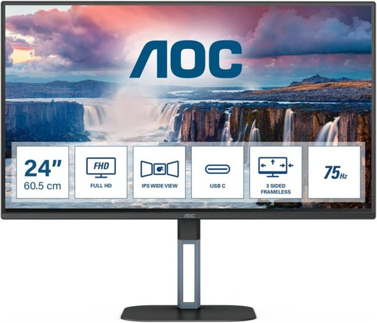 AOC 24V5CE 24" Full HD Monitor, 75Hz, IPS, 1ms, Flicker Free, Low Blue mode, Speakers , Tilt (1920 x 1080 @ 75Hz, 300 cd/m?, HDMI 1.4, USB-C)