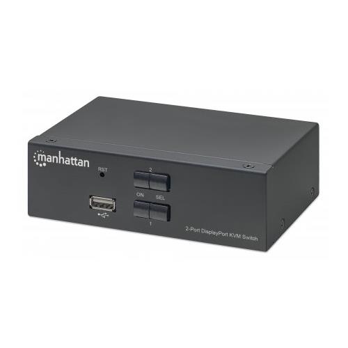 Manhattan DisplayPort 1.2 KVM Switch 2-Port 4K@60Hz USB-A/3.5mm Audio/Mic Connections Cables included Audio Support Control 2x computers from one pc/mouse/screen USB Powered Black Three Year Warranty Boxed