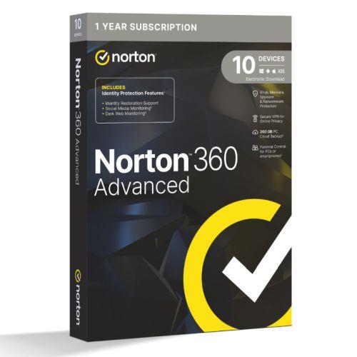 Norton 360 Advanced Antivirus Software for 10 Devices 1-year Subscription Includes Secure VPN Dark Web Monitoring and Password Manager 200GB of Cloud Storage PC/Mac/iOS/Android