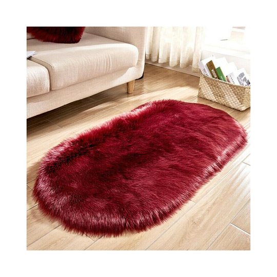 (Wine Red) Oval Circle Soft Shaggy Rug Living room Bedroom Carpet Floor Fluffy Mat Area Rug