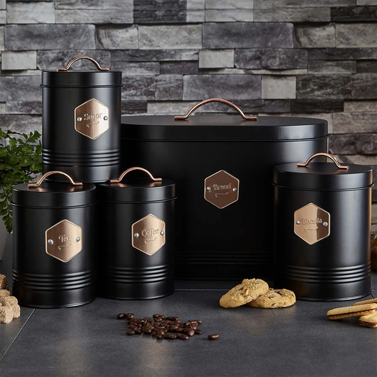 Neo Direct Black Retro Inspired Sleek Matt & Copper 5 Piece Kitchen Canister Set