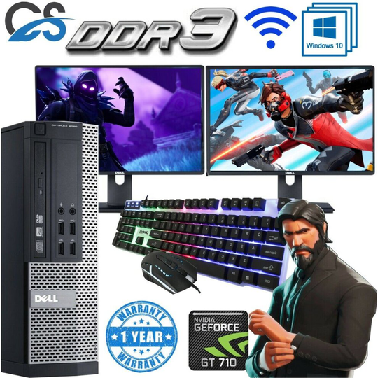 FAST GAMING DELL BUNDLE PC Computer FULL SET DUAL MONITOR INTEL i3 8GB RAM GT710
