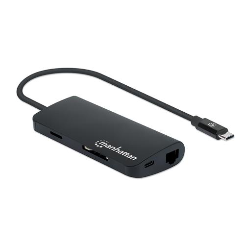 Manhattan USB-C Dock/Hub with Card Reader Ports (x5): Ethernet USB-A (3) and USB-C With Power Delivery to USB-C Port (100W) 5 Gbps (USB 3.2 Gen1 aka USB 3.0) Cable 30cm Aluminium Black Three Year Warranty Retail Box
