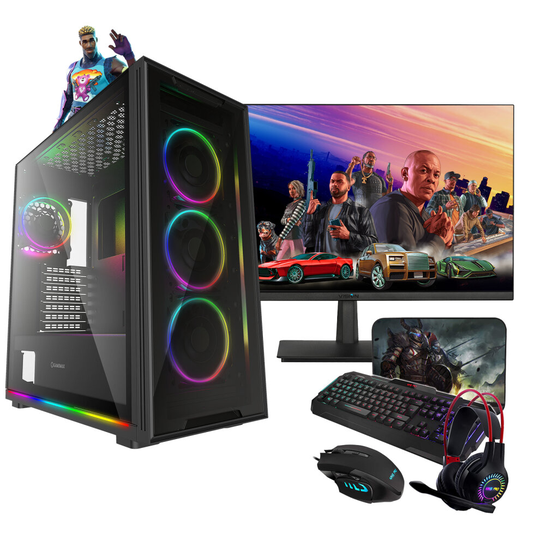 Nox Gaming PC View | GTX 1650, i5 4th Gen, 16GB, SSD & 1TB New 24" IPS Monitor Bundle 4 Piece LED Gaming Pack