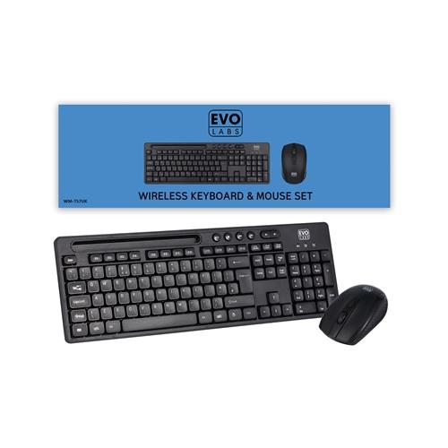Evo Labs WM-757UK Wireless Keyboard and Mouse Combo Set With Integrated Tablet/ Mobile/ Smartphone Stand 2.4GHz Full Size Qwerty UK Layout Keyboard with Wireless Mouse Ideal for Home/Office Black