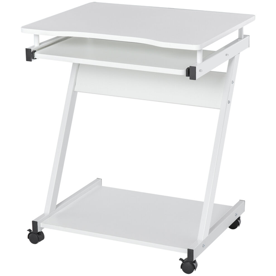 HOMCOM Movable Computer Desk w/ 4 Moving Wheels Keyboard Tray White