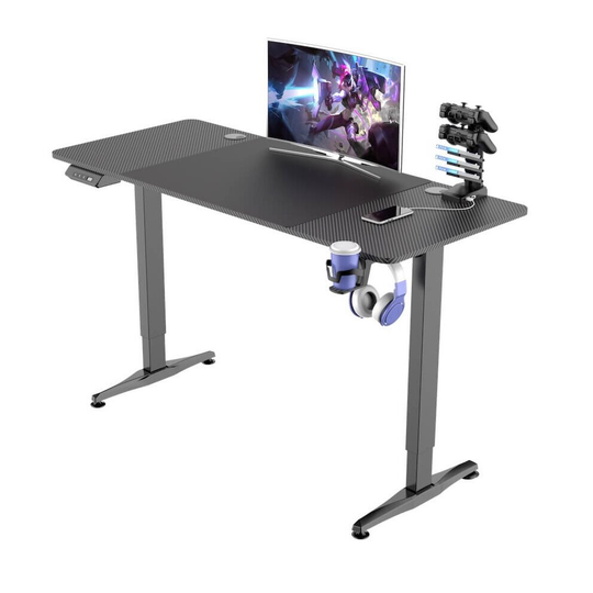 (140x60cm) Electric Height Adjustable Standing Gaming Desk - Sit Stand - Carbon Fibre Gaming Table, Memory, Anti-Collision, Cup, Headphone Stand