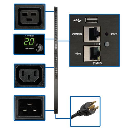 Tripp Lite PDUMNV20HVLX 3.7kW Single-Phase 208/230V Monitored PDU - LX Platform 20 C13 4 C19 Outlets C20 Input with L6-20P Adapter 0U 1778mm Height TAA