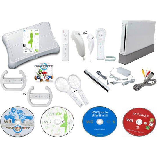 Nintendo Wii Console MEGA Bundle, 2 Remotes Nunchuks Mario Kart Sports Just Dance wii Fit Balance Board