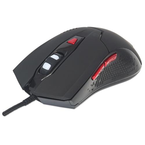 Manhattan Wired Optical Gaming USB-A Mouse with LEDs 480 Mbps (USB 2.0) Six Button Scroll Wheel 800-2400dpi Black with Red Buttons Three Year Warranty