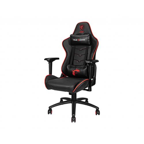 MSI MAG CH120X Gaming Chair 'Black and Red leather Steel frame Reclinable backrest Adjustable 4D Armrests foam 4D Armrests Ergonomic headrest pillow Lumbar support cushion'