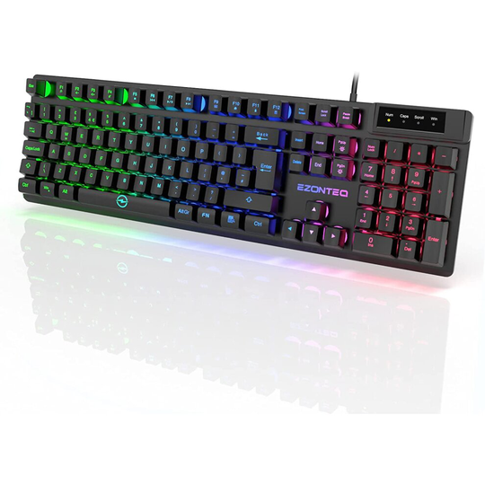 EZONTEQ Gaming Keyboard UK Layout + Quiet, Slim, Durable, Ergonomic, Waterproof, Mechanical-Feeling, 105 Keys + RGB LED Wired...