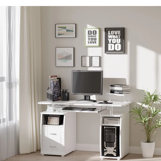 HOMCOM Multi Storage Computer Work Desk With Drawer Keyboard Tray White