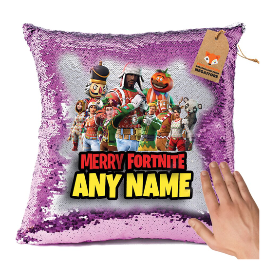 Shiny HOT PINK FORTNITE FN2 - White Design Magic Reveal Cushion Cover and Insert PERSONALISED Sequin Christmas