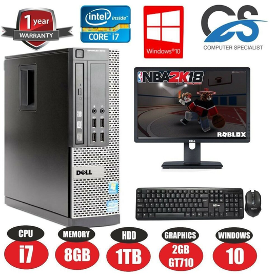 FAST GAMING DELL BUNDLE TOWER PC FULL SET COMPUTER SYSTEM INTEL i7 8GB 1TB GT710