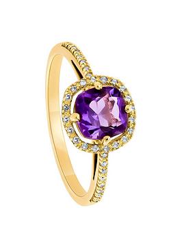 Love Gem 9Ct Yellow Gold 6Mm Cushion Cut Amethyst And 0.10Ct Diamond Halo Ring