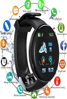 Bluetooth Waterproof Smart Watch D18 with Blood Pressure and Heart Rate Monitor Black