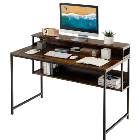 120cm Industrial Computer Desk w/Monitor Stand & Bookshelf Steel Frame