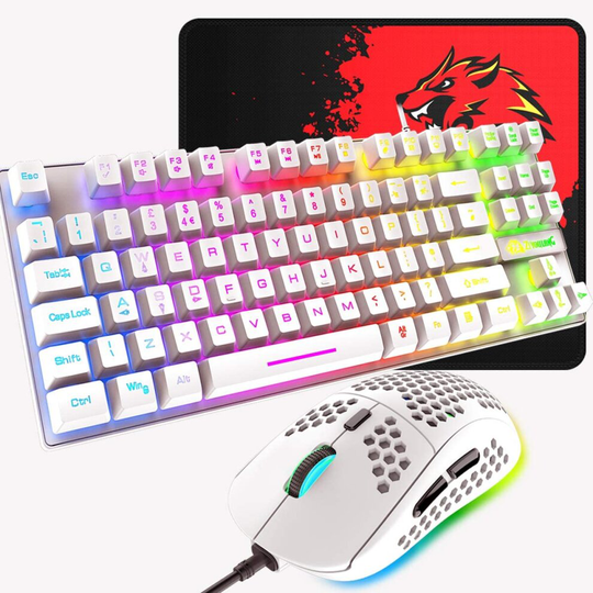 UK Layout Gaming Keyboard and Mouse 88 Keys Rainbow Backlit USB Mechanical feel Ergonomic White Keyboard + RGB 6400DPI Ultra-Light Honeycomb Shell